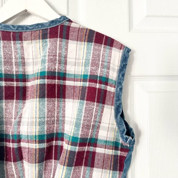 Metro Express Vintage Denim Chambray Red Plaid Flannel Back Button Vest L 14/16 - Picture 10 of 12